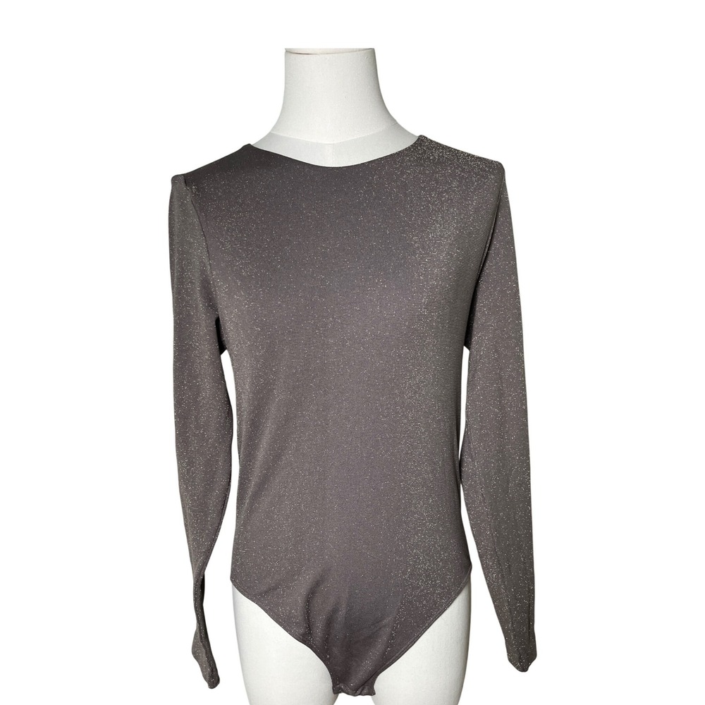 A New‎ Day Medium Shimmer Metallic Long Sleeve Bodysuit Taupe Gray Sparkle